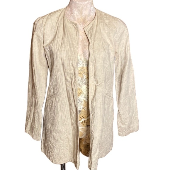 Eileen Fisher Cream Tan crinkled Linen Cotton blend long Jacket cardigan Sz XS - Picture 3 of 11